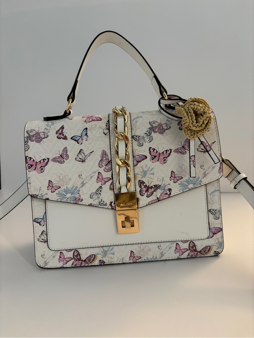 ALDO White Butterfly-Print Purse with Gold Chain